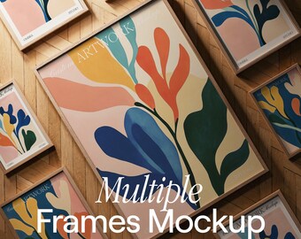May include: Multiple frames mockup featuring abstract floral artwork in various colours, including blue, green, yellow, orange, and pink. The frames are arranged on a wooden surface.