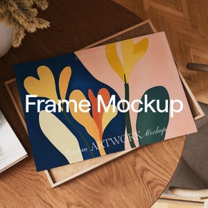 Nahaufnahme Horizontaler Rahmen Mockup, DIN A Landschaftsrahmen Mockup, Rahmen auf Tisch Photoshop Vorlage, Holzrahmen Mockup für Kunst oder Druck
