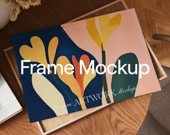 Close up Horizontal Frame Mockup, DIN A Landscape Frame Mockup, Frame on Table Photoshop Template, Wood Frame Mockup for Art or Print