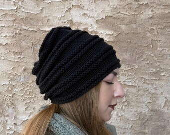 Hand Knitted Black Slouchy Beanie – Unisex Winter Hat, Soft &Cozy Knit Beanie