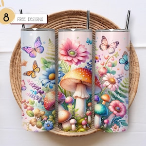 Floral Mushroom Tumbler Wrap: Wildflower Butterfly Design (PNG)