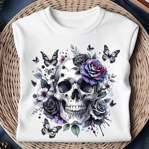Floral Skull Gothic PNG, Dark Floral Skeleton Clipart (Digital Download)