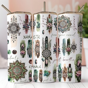 Boho Yoga Tumbler Wrap: Brushstroke Lotus, Inspirational Quotes (PNG)