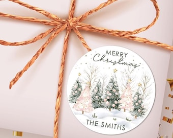 Pink Christmas Tree Stickers, Personalized Merry Christmas Labels, Happy Holiday Gift Label, Christmas Favor Stickers