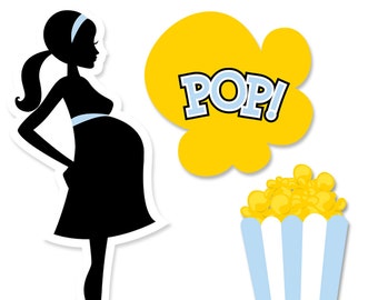 Puede incluir: Una silueta negra de una persona embarazada con un vestido, con una diadema y un cinturón azules. Una burbuja de diálogo amarilla con la palabra "POP!" en letras azules está al lado de un recipiente de palomitas de maíz a rayas azules y blancas.