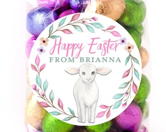 Easter Stickers, Watercolor Lamb flowers, Personalized Easter Stickers, Kids Easter Treat Bags, Easter Labels for Favors, Easter Classroom