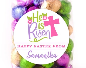Easter Stickers, He Is Risen Pink, Personalized Easter Stickers, Kids Easter Treat Bags, Easter Labels for Favors, Easter Classroom