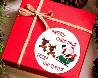 Santa Claus Reindeers Christmas Stickers, Personalized Happy Holiday Gift Labels