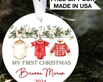 Baby's First Christmas Ornament | Personalized Baby Outfit Christmas | Custom Baby Christmas Ornament | Greenery Baby Gift