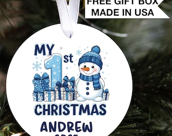 Baby's First Christmas Ornament, Personalized Baby Boy Snowman First Christmas