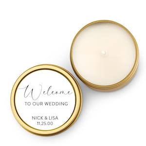 Welcome Wedding Favors, Candle Favors for Guests, Set of 10 Candle Tins, Personalized Wedding Gift, 4oz Gold Tin, BULK Candles