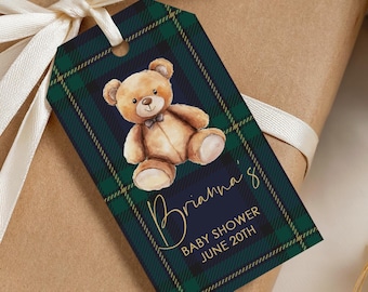 Teddy Bear Baby Shower Tags, Blue Green Plaid, Thank You Preppy Gift Tags