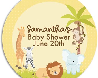 May include: A yellow circle with white polka dots featuring a jungle scene with a giraffe, zebra, lion, elephant, and monkey. The text "Samantha's Baby Shower June 20th" is in brown text.