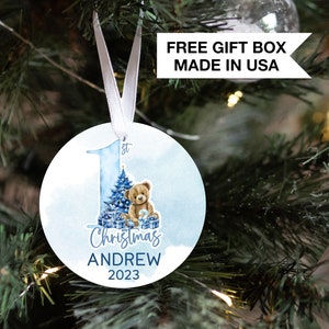Personalized Teddy Bear Baby&#39;s 1st Christmas Ornament| Baby First Christmas | Personalized Baby Christmas Ornament | Watercolor Bear Gift
