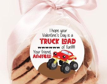 Monster Truck Valentines Day Stickers - Personalized Truck Load Valentine Round Sticker Labels - Classroom Valentines for School -