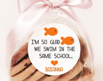 So Glad We Swim In The Same School Goldfish - Personalized Valentine Round Sticker Labels - Classroom Valentines for School