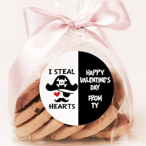 I Steal Hearts Pirate Valentines Day Stickers - Personalized Valentine Round Sticker Labels - Classroom Valentines for School