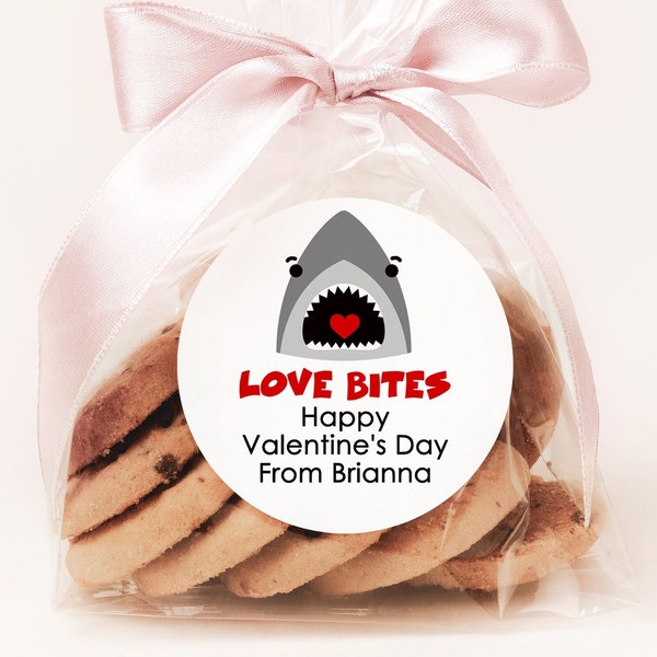 Love Bites Shark Valentine's Day Stickers - Personalized Valentine Round Sticker Labels - Classroom Valentines for School