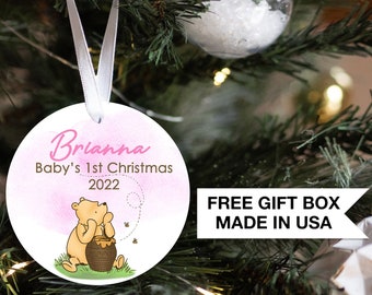 Winnie-The-Pooh Baby's 1st Christmas Ornament Baby Girl Pink | Baby First Christmas | Personalized Baby Christmas Ornament