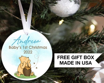 Winnie-The-Pooh Baby's 1st Christmas Ornament Baby Boy Blue | Baby First Christmas | Personalized Baby Christmas Ornament