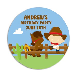 Little Cowboy Birthday Party Favor Stickers, Happy Birthday Labels, Custom Birthday Party Favor Labels, Round Stickers