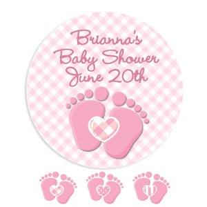 Oh Baby Pink Personalized Round Baby Shower Sticker Labels | Baby Feet Baby Shower Stickers | It&#39;s A Girl Sticker Label