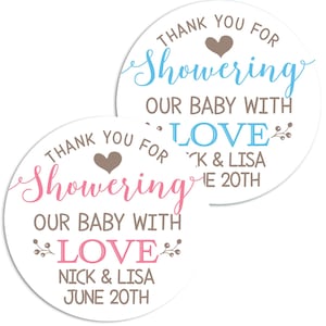 Thank You For Showering Our Baby With Love Personalized Round Baby Shower Sticker Labels -Showering Baby With Love Round Labels