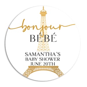 Eiffel Tower French Themed  Baby Shower Stickers, Bonjour Bebe Favor Stickers, Thank You Stickers, Paris Elegant Round Stickers for Favor
