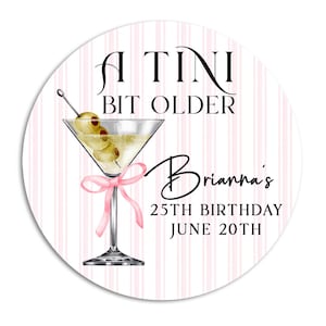 A Tini Bit Older Birthday Party Stickers, Dirty Thirty Party Favor, Pink Stripe Party Labels, Martini Party Favor, Personalized Party Favors