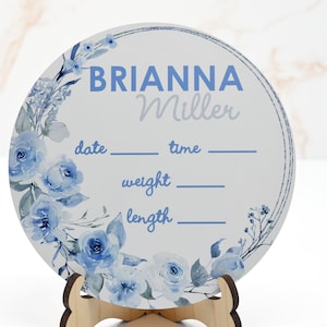 Boho Floral Blue Birth Announcement Sign for Hospital, Personalized Baby Sign with Birth Stat, Wooden Hospital Announcement Baby Name Sign
