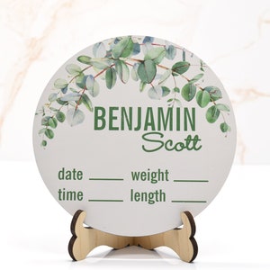 Greenery flowers Birth Announcement Sign for Hospital, Personalized Baby Sign with Birth Stats, Wooden Hospital Announcement Baby Name