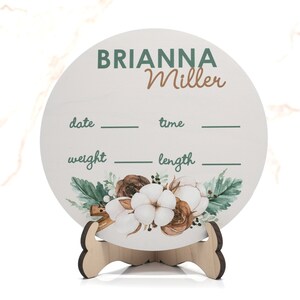 Cotton Watercolor Birth Announcement Sign for Hospital, Personalized Baby Sign with Birth Stats, Wooden Hospital Announcement Baby Name