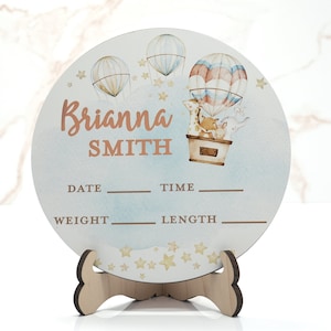 Hot Air Balloon Animals Birth Announcement Sign for Hospital, Personalized Baby Sign with Birth Stats, Wooden Hospital Announcement Baby