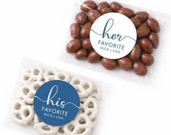 Personalized Wedding Favor Stickers and Bags, His and Her Favorite Candy, SET OF 12