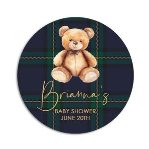 Teddy Bear Baby Shower Stickers, Blue Green Plaid Labels, Thank You Preppy Favors