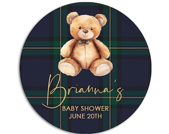 Stickers baby shower ours en peluche, étiquettes à carreaux bleu-vert, cadeaux preppy merci
