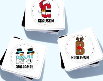 Snowman Reindeer Santa Name Stickers, Alphabet Labels for Kids, Initial Christmas Present Labels