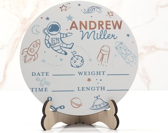 Outer space  Astronaut Birth Announcement Sign for Hospital, Personalized Baby Sign with Birth Stats, Wooden Hospital Announcement Baby Name