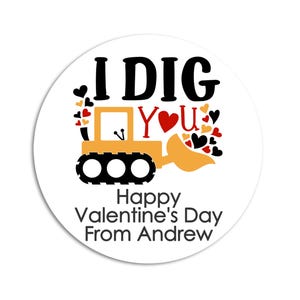 I Dig You Truck Valentine's Day Stickers - Personalized Valentine Round Sticker Labels - Classroom Valentines for School