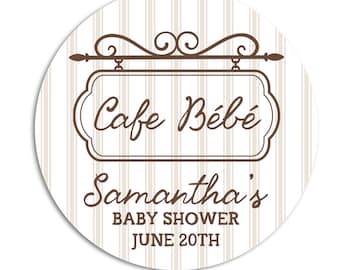 Cafe Bebe Personalized Coffee Cup Stickers, Baby is Brewing Favor Labels, Parisian Baby Shower