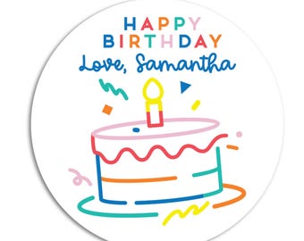 Personalized Birthday Cake Stickers, Happy Birthday Party Favor Labels