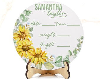 Letrero de anuncio de nacimiento con girasoles en acuarela para hospital, letrero personalizado para bebé con estadísticas de nacimiento, anuncio de hospital de madera con nombre de bebé