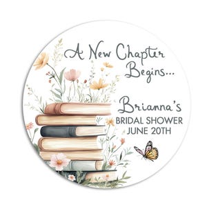 A New Chapter Begins Stickers, Book Bridal Shower Favor Labels, Engagement & Bachelorette Storybook Gift