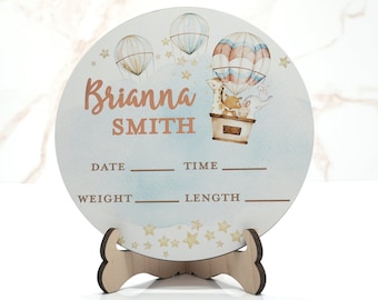 Hot Air Balloon Animals Birth Announcement Sign for Hospital, Personalized Baby Sign with Birth Stats, Wooden Hospital Announcement Baby