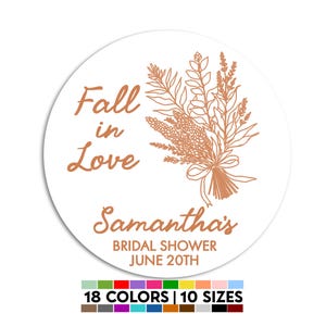 May include: A round white sticker featuring copper-coloured line art of a floral bouquet and the text Fall in Love, Samantha's BRIDAL SHOWER JUNE 20TH. Below the sticker is a colour palette display with the text 18 COLORS | 10 SIZES.