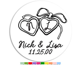 Personalized Heart Locket Wedding Favor Stickers, Custom Couple Initials, Bridal Envelope Seals & Favor Labels