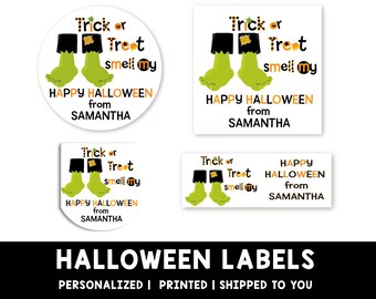Frankenstein Feet Personalized Halloween Sticker, Kids Halloween Favor Labels