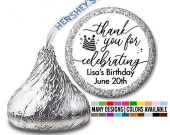 Thank You For Celebrating Personalized Birthday Party Hershey Kiss Sticker Labels -  Birthday Party Candy Labels - 108 Hershey Kisses