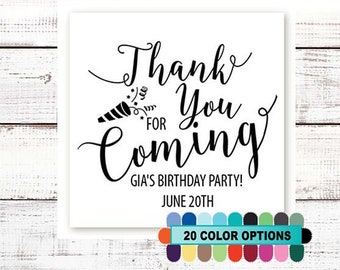 Thank You For Coming - Personalized Birthday Party Square Favor Stickers Confetti Favor Labels - Birthday Party Stickers