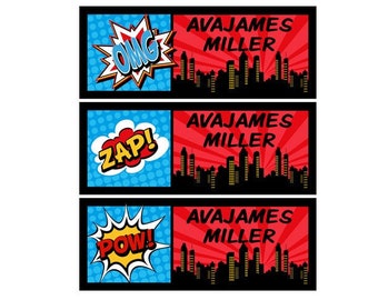 Superhero Name Labels, Waterproof Vinyl Stickers, Kids School Labels
